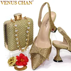 Venus Chan-tacones altos de novia para mujer, conjunto de zapatos y bolso con lazo, Color dorado, diamantes de imitación, elegante, para fiesta y boda, 2023