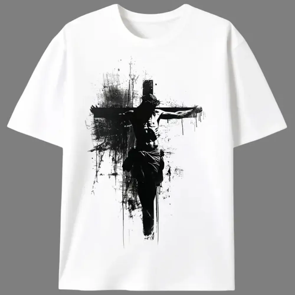Men's Christian Jesus Crucifixion Tshirt in a Heavyweight Knit, Relaxed Fit Crew Neck Shortsleeve Menswear Top, Stretch, Fabric, Jesus Cross, Retro Preppy, Slight Stretch, Loose Fitting, Crucifix Print, 100% Cotton