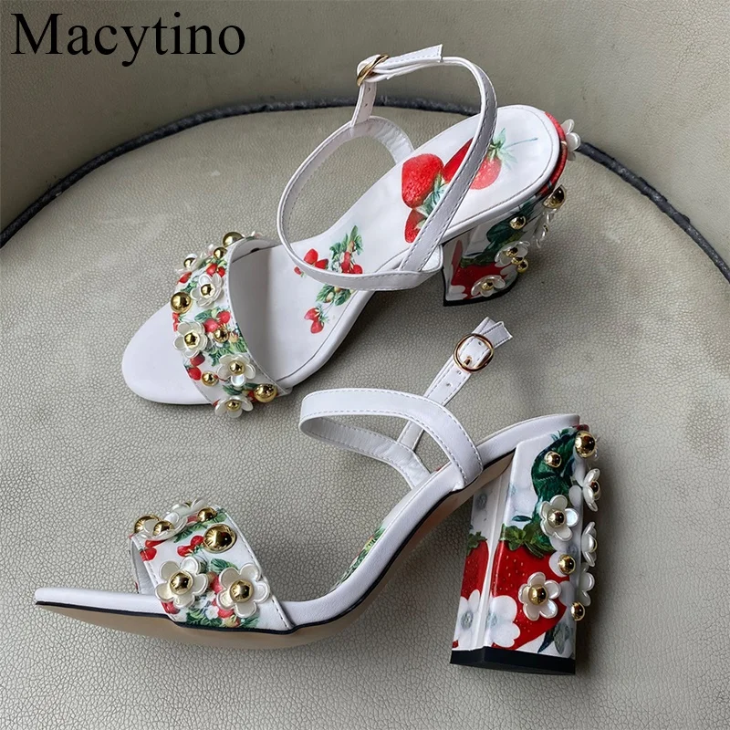 New Style Summer Women Retro Ethic Sandals White Flower Pearl High Heel Fashion Casul  Ladies Shoes Strawberry Print