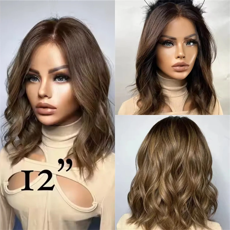 

Short Wave Bob Ombre Brown Blonde Lace Front Wig Heat Resistant Fibre Wig Glueless Wig Natural Preplucked Hairline Good Quality