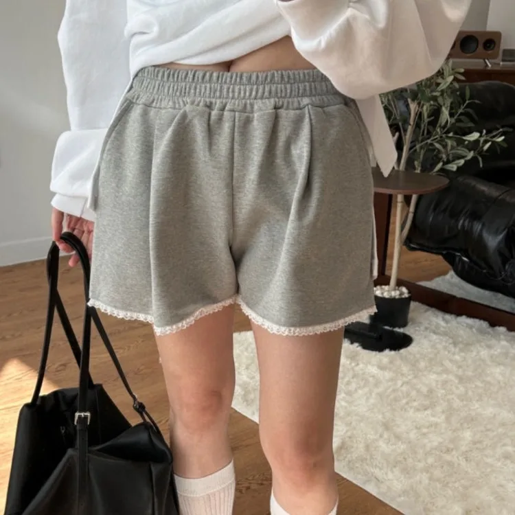 Losse elastische taille casual broek dames chique lente zomer nieuwe sle klein formaat afslankende kanten rand hot girl ort ort orts