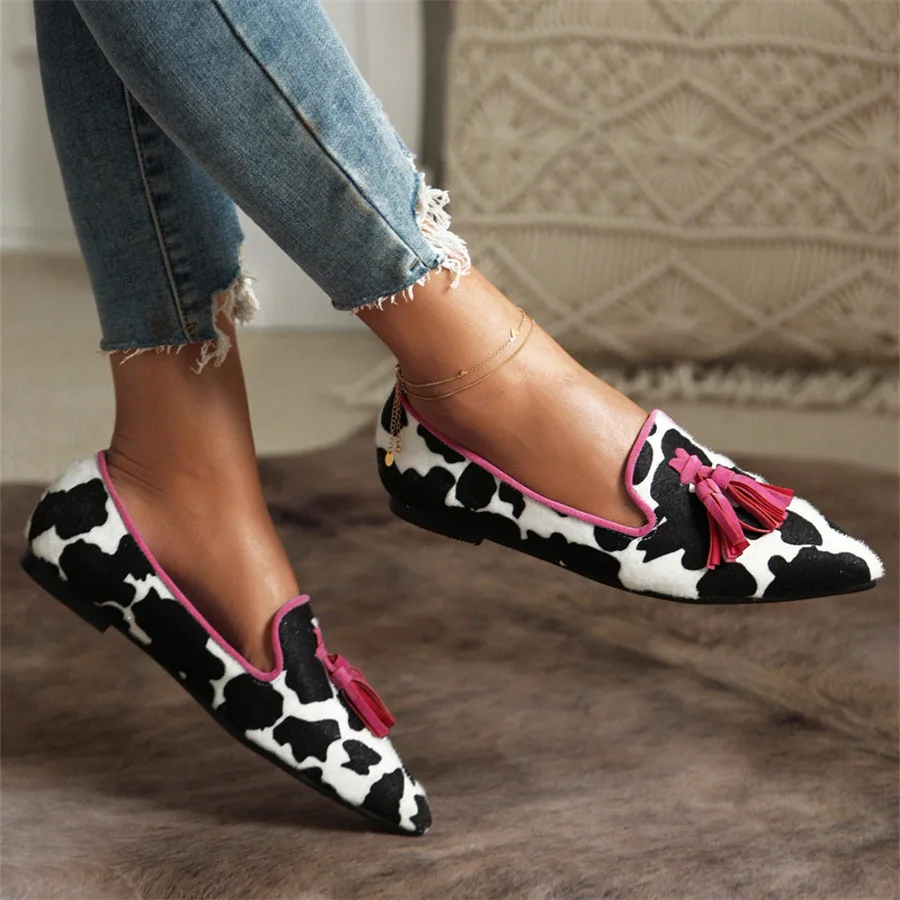 Pointed Toe Korean Shoes Casual Female Sneakers Dress Flats Women Autumn 2024 Summer New Fall Leopard Rubber Med leopard Flock H