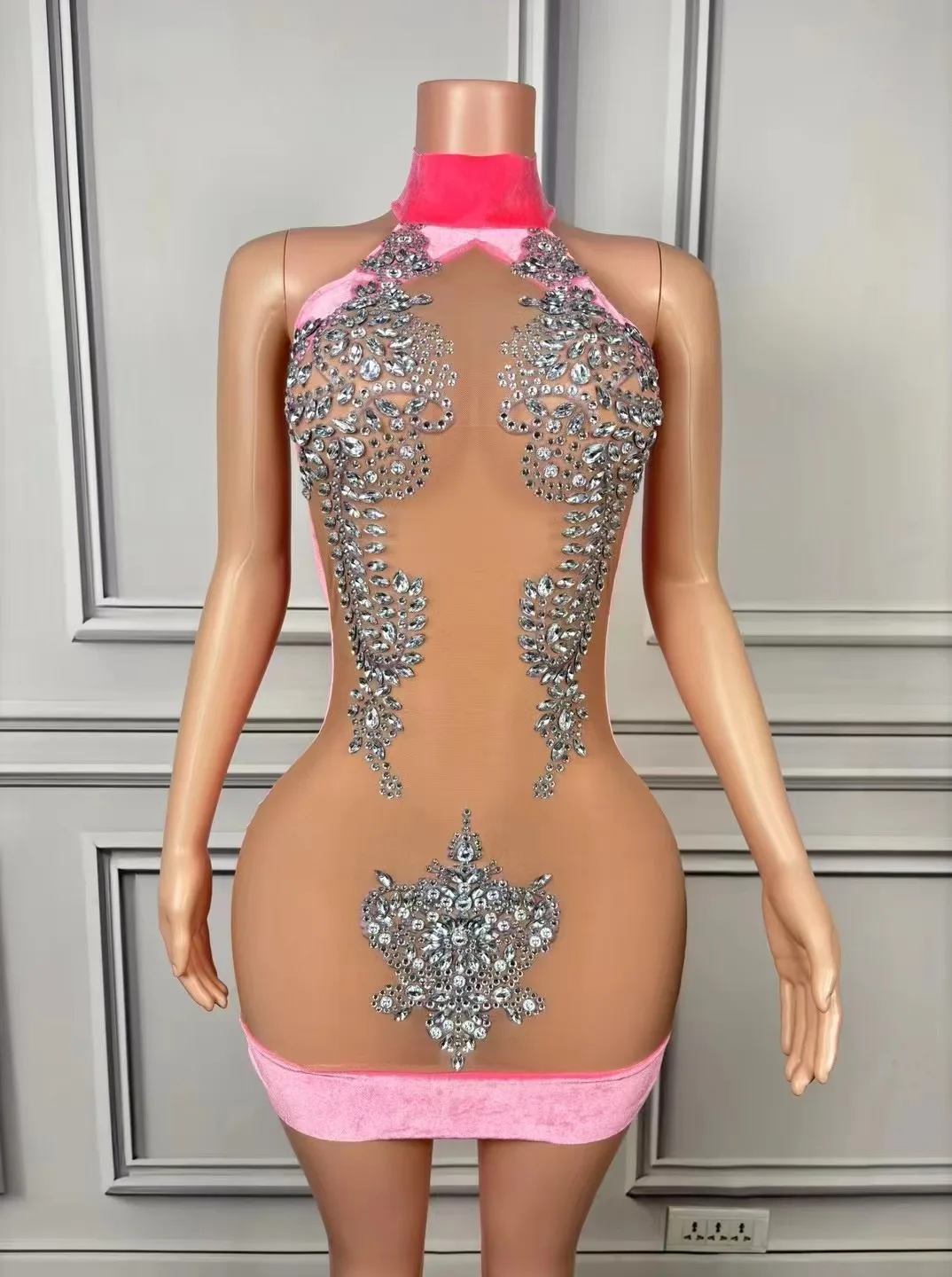 

Pink Velvet Sexy Mesh Translucent Halter Neck Rhinestone Skirt Stage Dress Performance Clothing