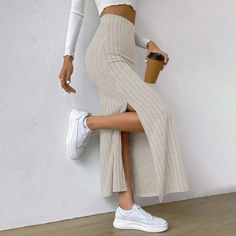 Solid Color Long Skirt Striped High Waist Knitted Maxi Skirt for Women Warm Winter Ankle Length Sheath Skirt with Split Hem Slim