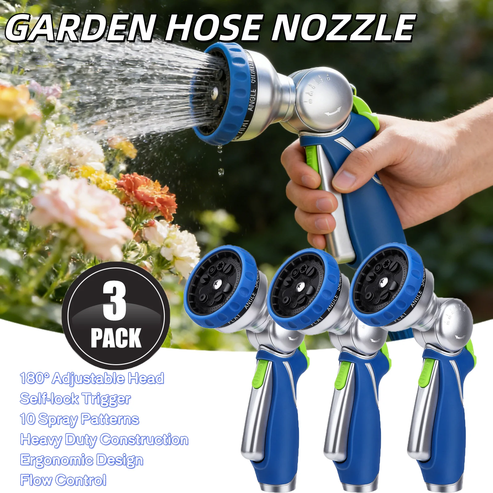 

Многофункциональная насадка для садового шланга 10-в-1 - 180° ° Регулируемый самоблокирующийся распылитель для полива газонов, мойки автомобилей, купания домашних животных и уборки патио