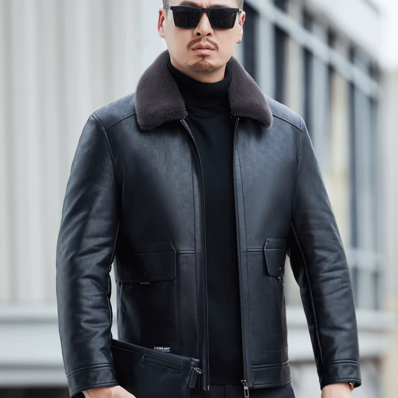 

ZDT-8052 Winter Men's Genuine Leather Down Jacket Genuine Leather Jacket Flip Collar Thickened Warm White Duck Down Casual Coat