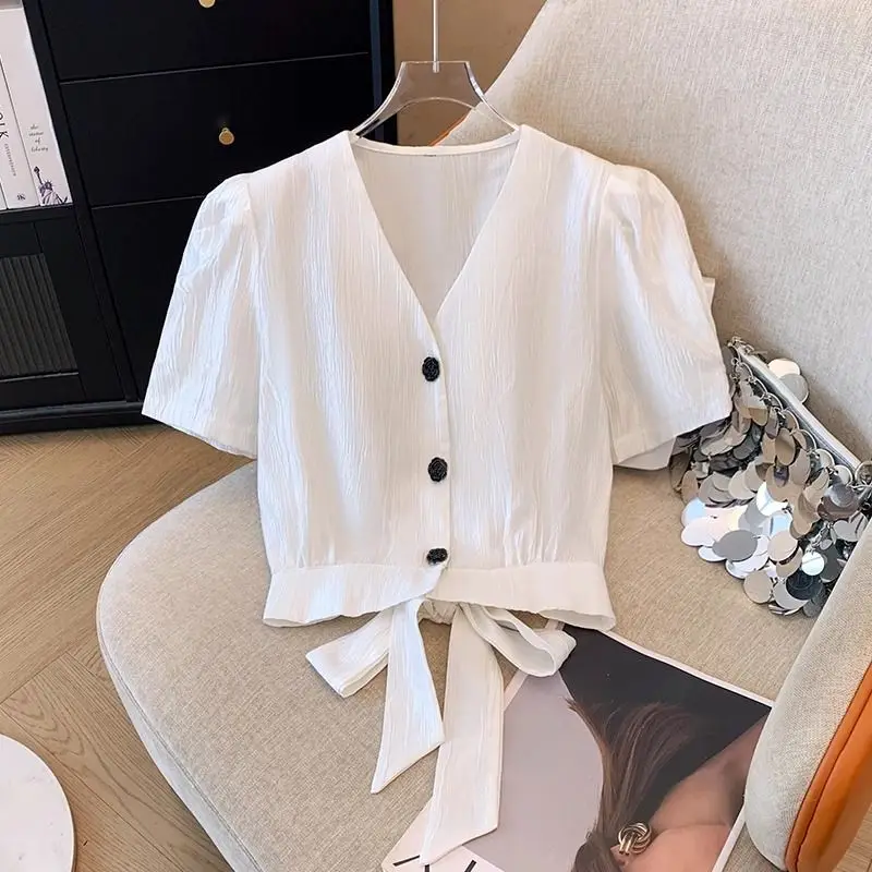 Minimalist Commute Summer New Short Blouses Women's Spliced Solid V-neck Ruched Drawstring Short Sleeve Single Breasted Shirts