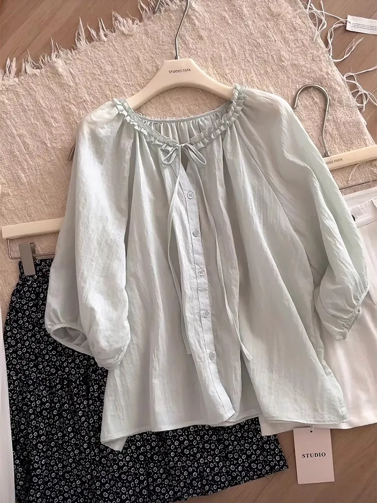 Korean Sle Fre Light een Bow Tie irt Women's Summer Unique Seven Sve Gentle round Ne Top Soft Fabric Pure Color