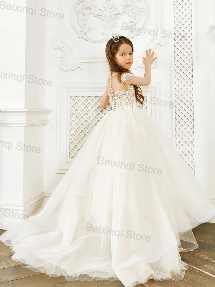 

Flower Girl Princess Dress Ivory Color Tulle Appliques Sale New Long Skirt Formal Occasion Dresses For Elegant Prom Party Girls