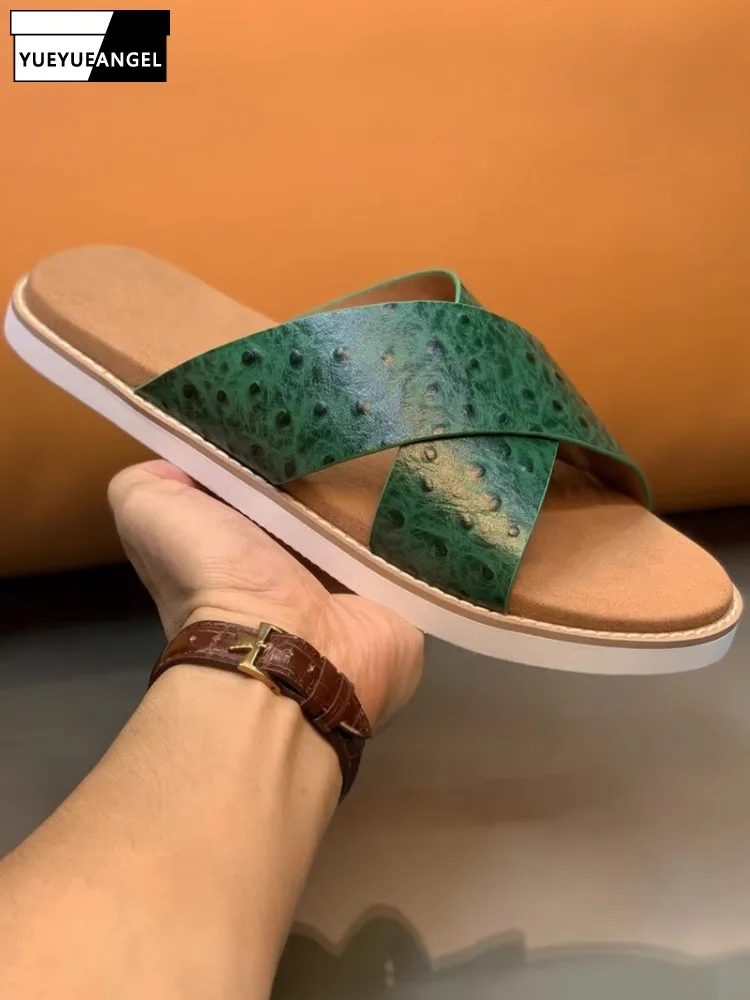 

Fashion Mens Cowhide Genuine Leather Slippers Slip On Cross Strap Slides Light Weight Casual Beach Shoes Outside Footwear Flats
