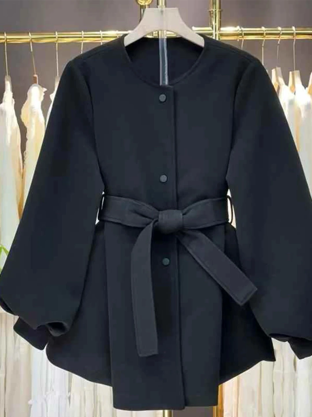 

Elegant Black Woolen Coat Women's Waist-Cinching Belted Dressy Versatile Female Top Fashionable 2026 New Style Winter Thickened