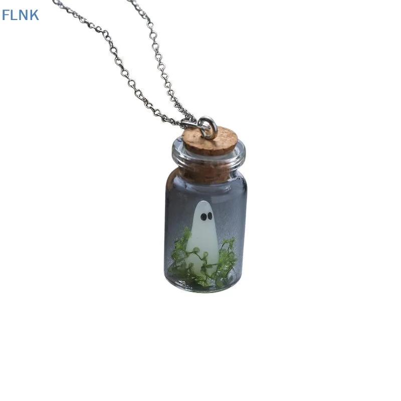 【KC】Luminous Ghost Necklace Halloween Tiny Glow Drifting Bottle Adopt Ghost Earrings Creative Design Green Specter Jewelry Gift
