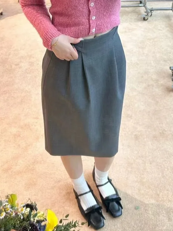 

Vintage Straight Cut Skirt Women's Fashion Citywalk Wool Blend Polyester Fabric Asymmetrical Waist Belt Versatile Midi Skirt