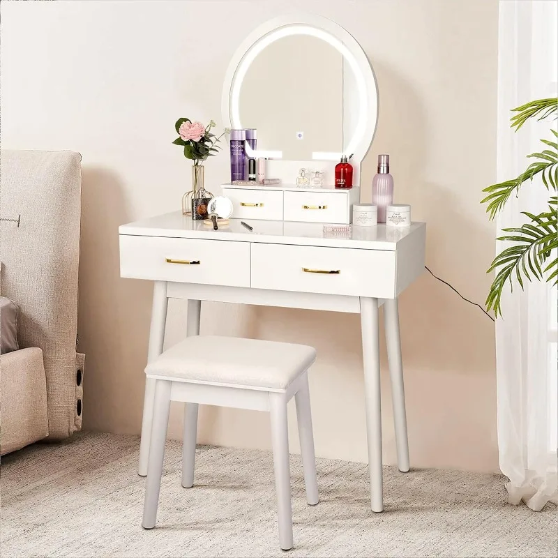 Vanity Desk with Lighted Mirror - 3 Color Lighting Modes Adjustable Brightness, 4 Drawers Makeup Table with Soft Cushioned Stool