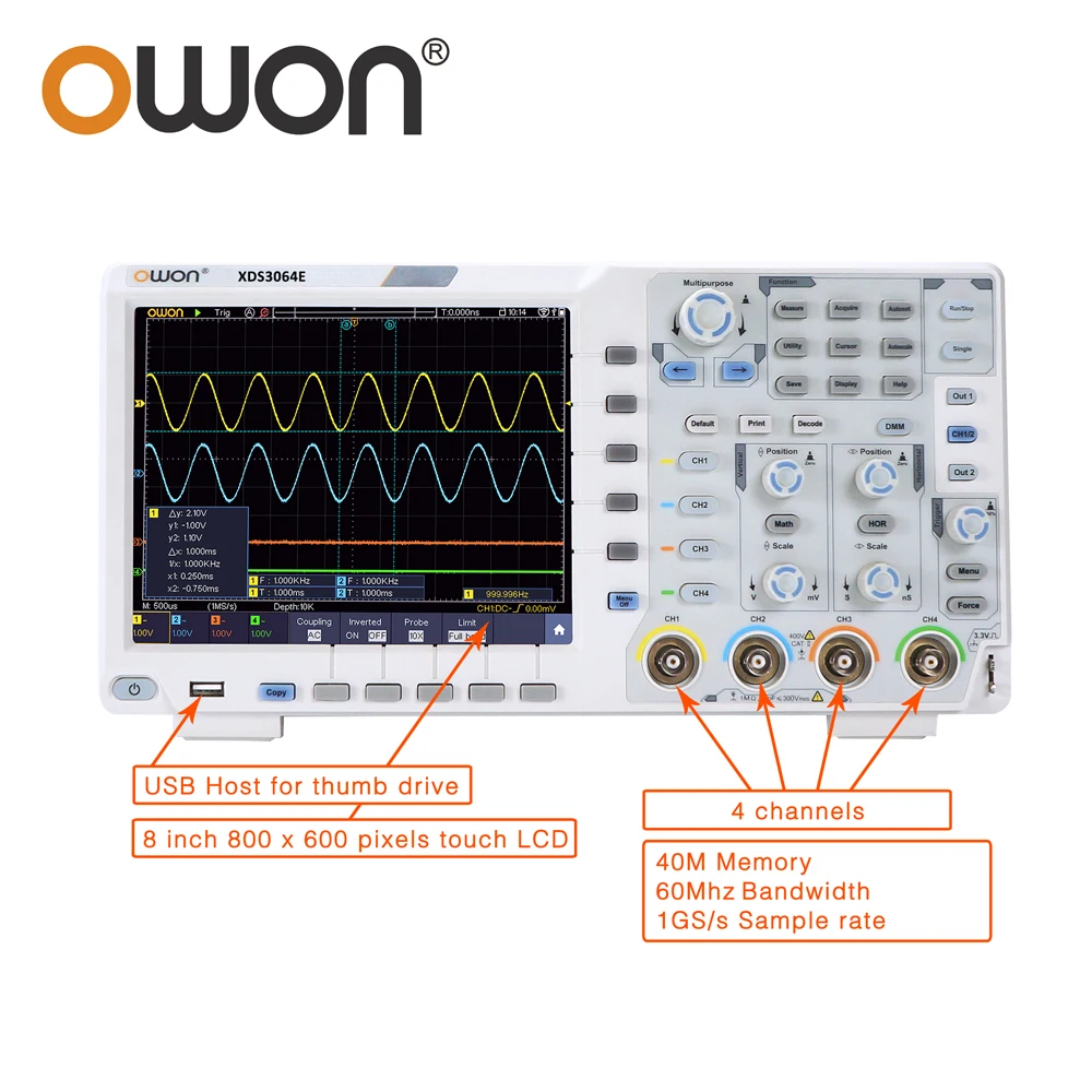 OWON 4CH Digital Oscilloscope 100MHz XDS3104E 60MHz XDS3064E 4 Channels 1GS/s 8inch Touchscreen I2C SPI RS232 CAN BUS Decording