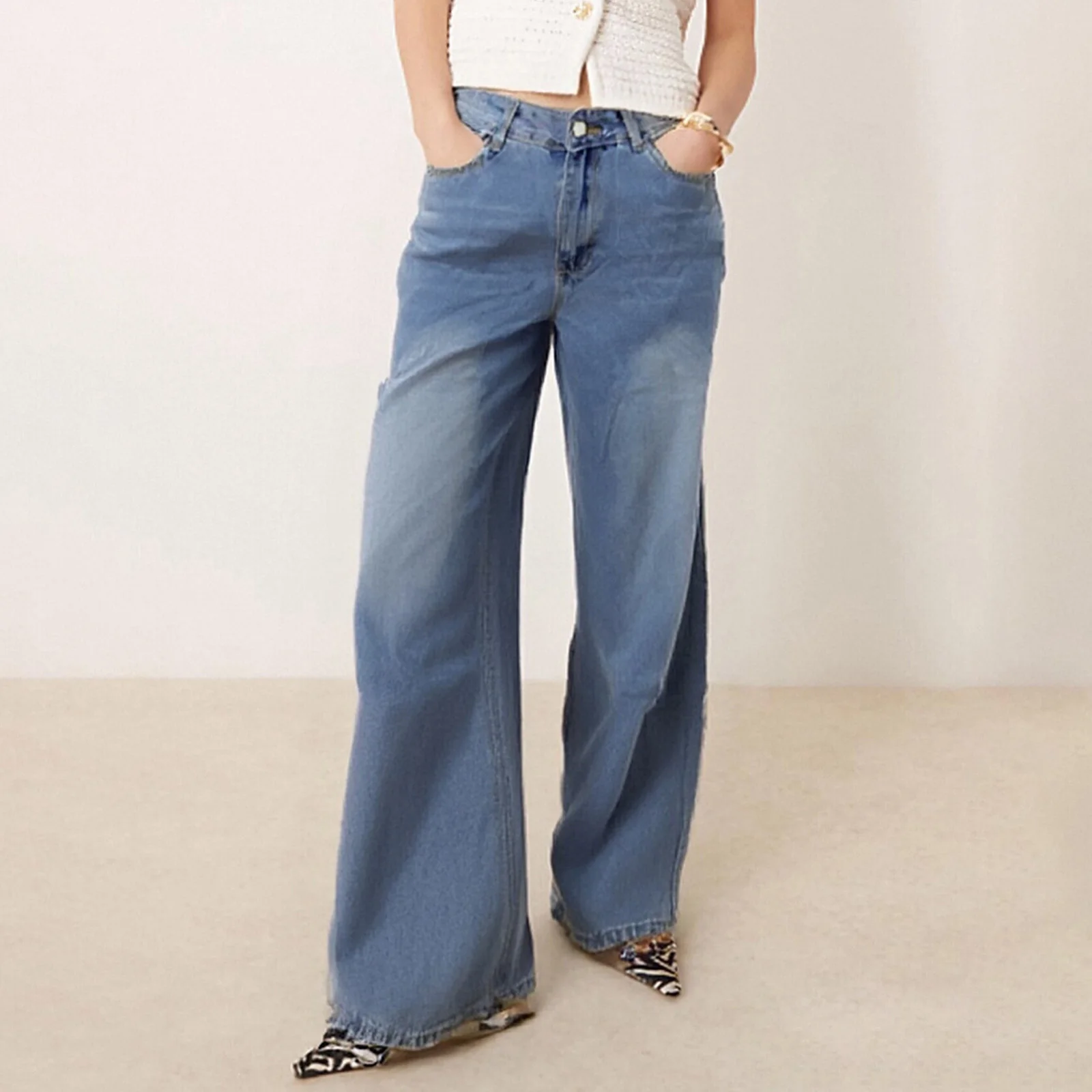 Women Vintage Loose Jeans Low Rise Wide Leg Long Denim Pants with Pockets Casual Trousers