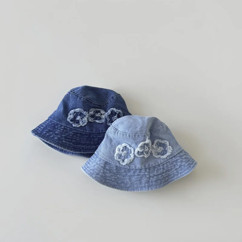 

Flower Denim Fisherman Hat for Kids Spring Autumn Baby Girls Panama Hats Korean Children Bucket Cap Fashion Accessories 3-5Y