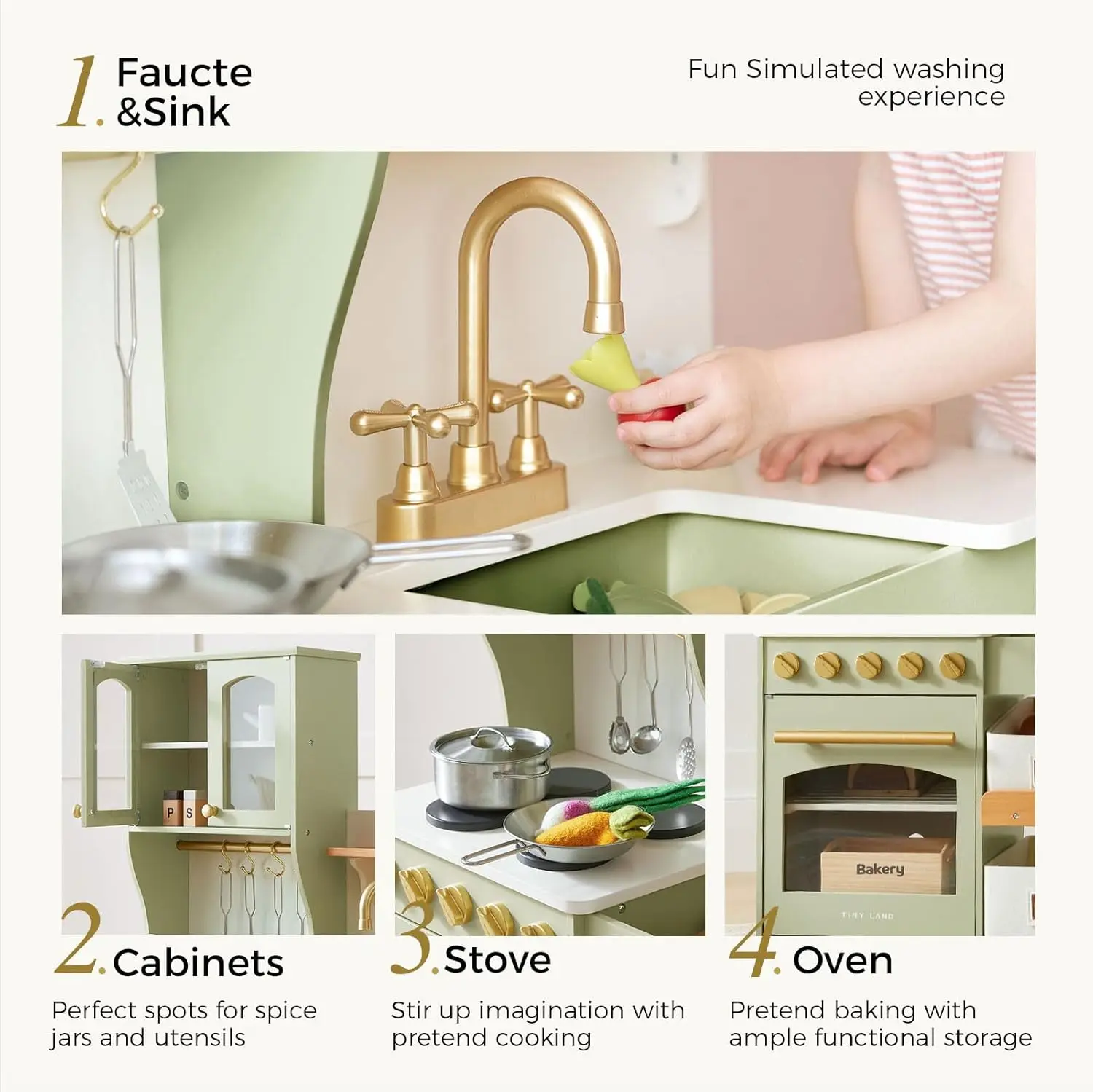 Kuchnia do zabawy dla dzieci, drewniana kuchnia do zabawy z systemem pojemnik na zabawki, zestaw kuchenny zabawek z dużą ilością funkcji do zabawy, dzieci bawią się w Kitc