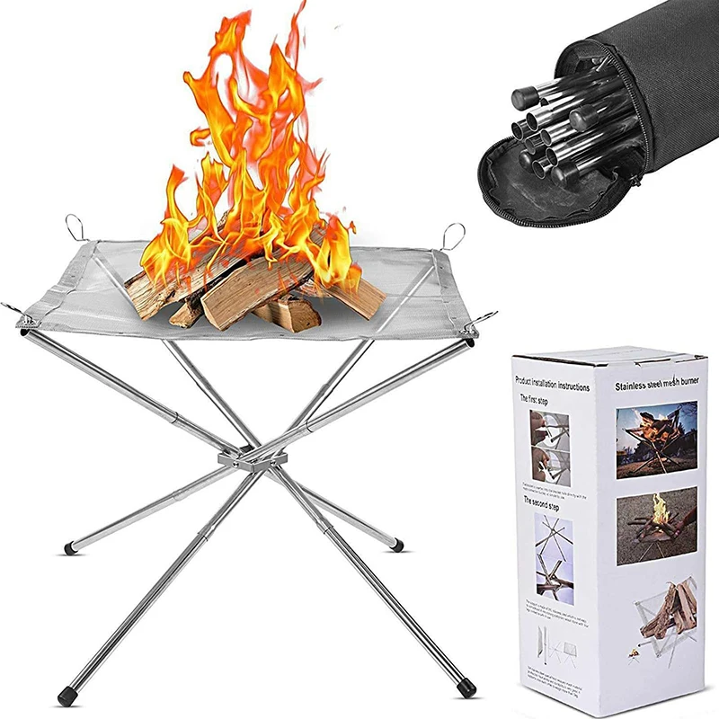 Stainless Steel Outdoor Camping Campfire Fire Rack Large Upgrade Collapsing Stainless Steel Mesh Outdoor Fire Pits Wood Stove