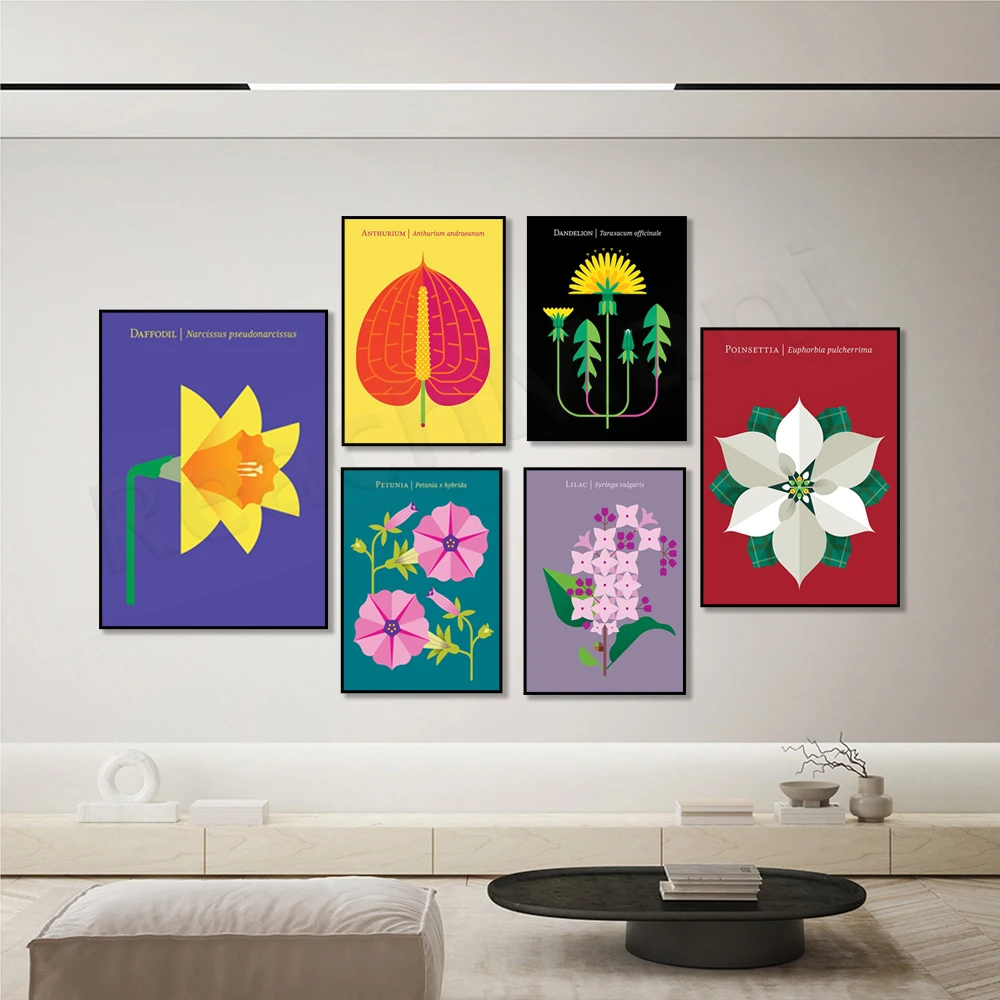 Modern botanical floral poster, petunia, red poppy, calla lily, daffodil, lilac, dandelion, christmas flower, scandinavian desig