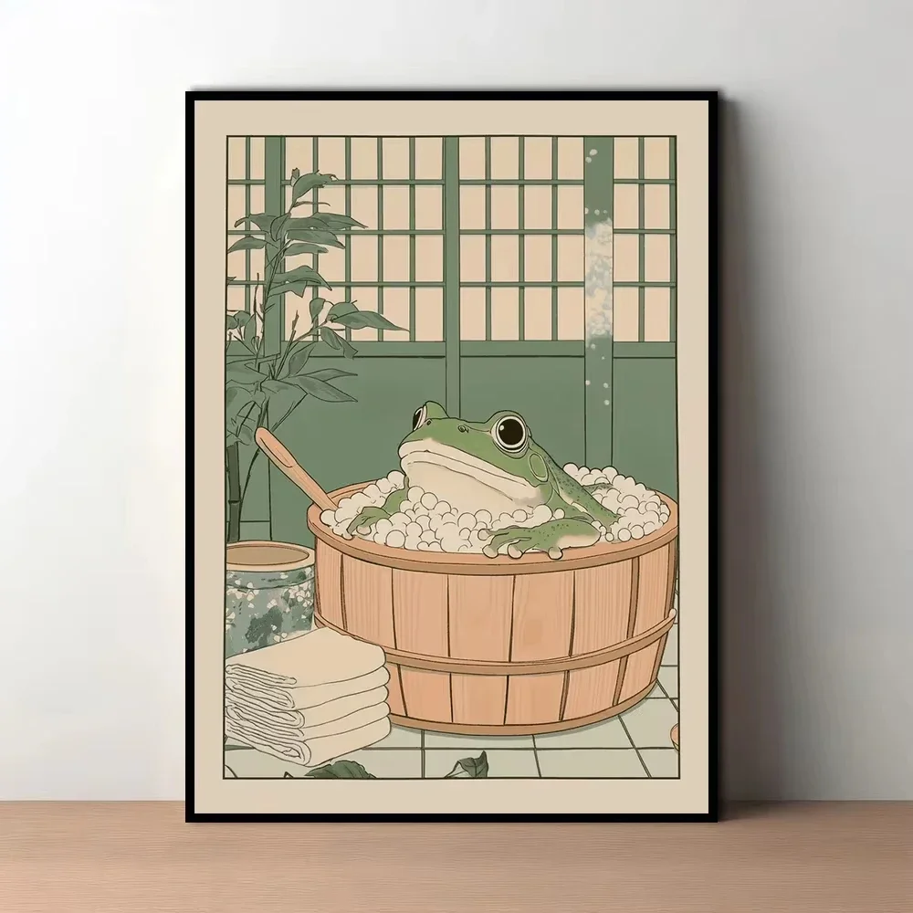 No Framed Printing Picture Japanese Bathroom Art Poster Cute Animals Bathtub Canvas Printed Decorative Painting Used For