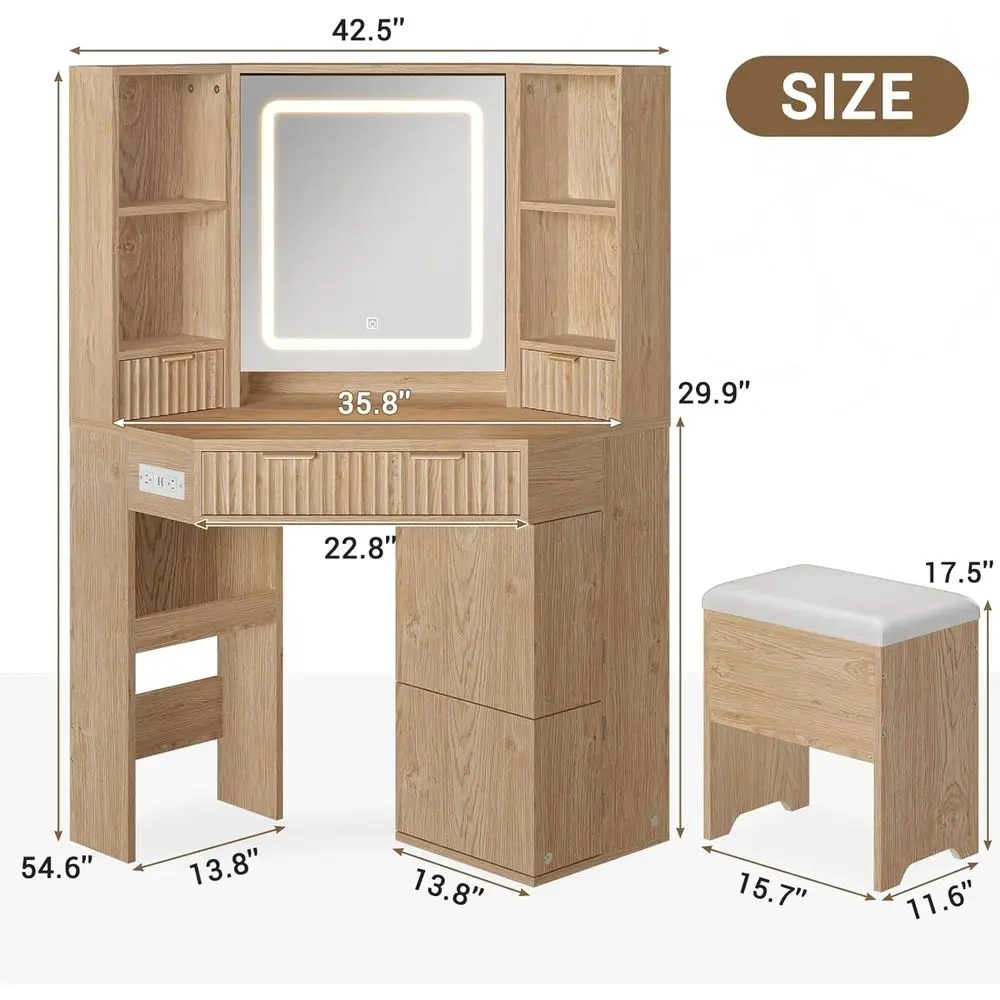 BTHST Vanity Desk with Lights and Charging Station, Makeup Vanity with Lights, Vanity Set with Mirror and Storage Stool, Makeup view 2