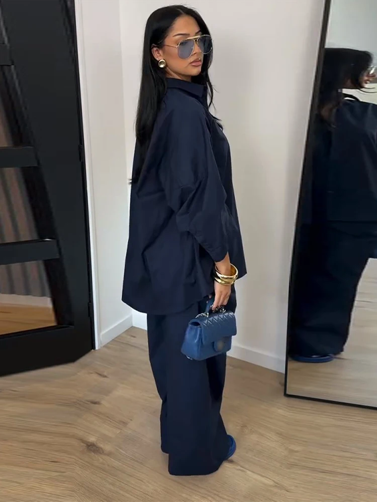 Elegante Damen-Hosenanzüge mit Revers: Oversized Hemd, Langarm-Bluse mit Knopfleiste, Weite Hose, Schickes Einfarbiges Outfit – Detail 33