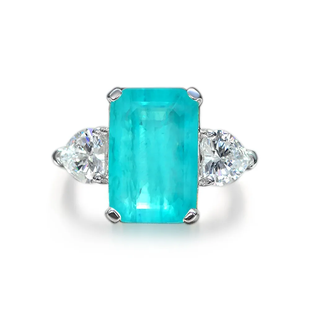 S925 Silver 5-carat Synthetic Paraiba Rectangular 8 * 12 High Carbon Diamond Ring for Women's New Wedding Jewelry