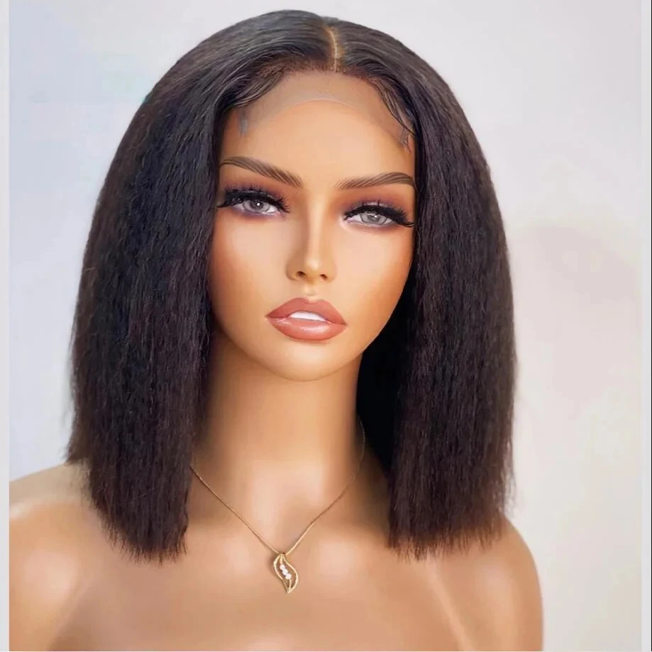 Soft 26'' 180Density Natural Black Bob Kinky Straight Lace Front Wig For Women With BabyHair Synthetic Preplucked Glueless Wig