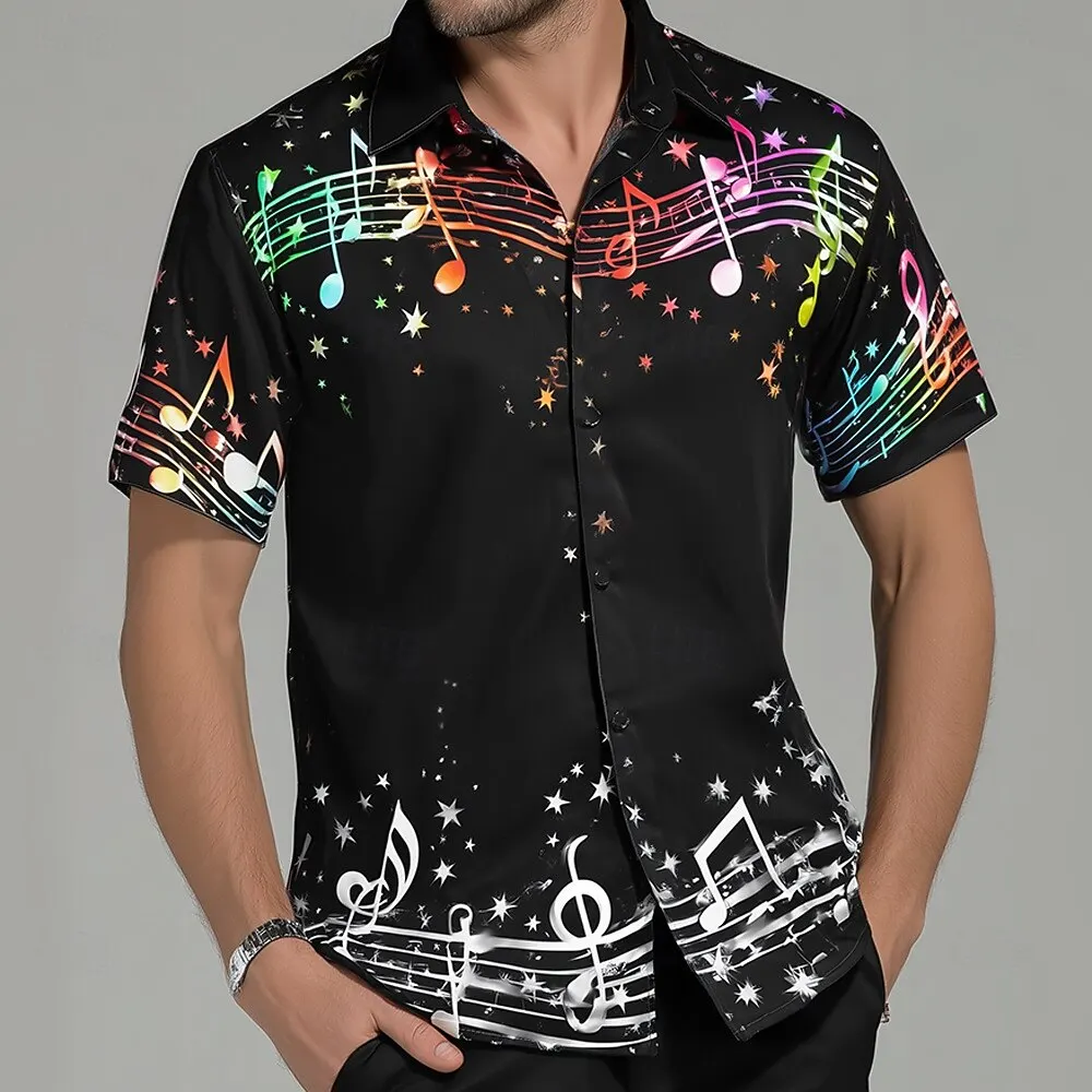 

Men's Musical Notes 3D Print Shirt, Short Sleeve Turndown Collar Button Up Shirt,Holiday Outfits for Music Festival Summer