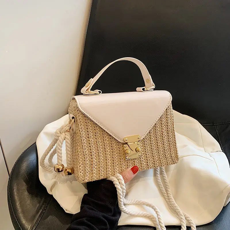 Woven bag women in 2024 fashionable and versatile patchwork contrasting colors carrying summer diagonal beach bag