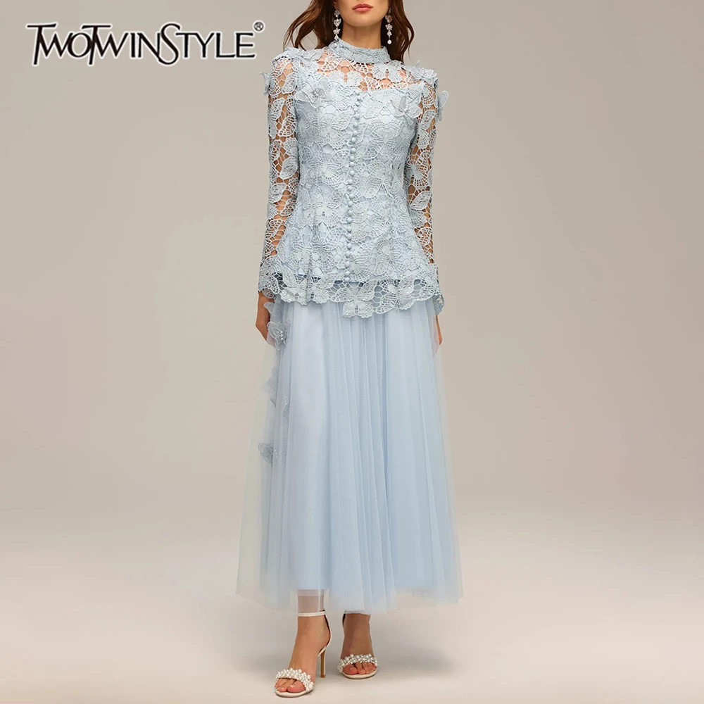 

TWOTWINSTYLE Solid Two Piece Sets for Women Stand Collar Long Sleeve Spliced Applique Top High Wasit Patchwork Mesh Skirt Female