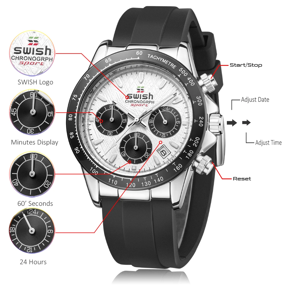 New Fashion Chronograph Sports Watches Men Rubber Strap Quartz Wristwatches 3 Subdial Working Luxury Relogio Masculino 3ATM