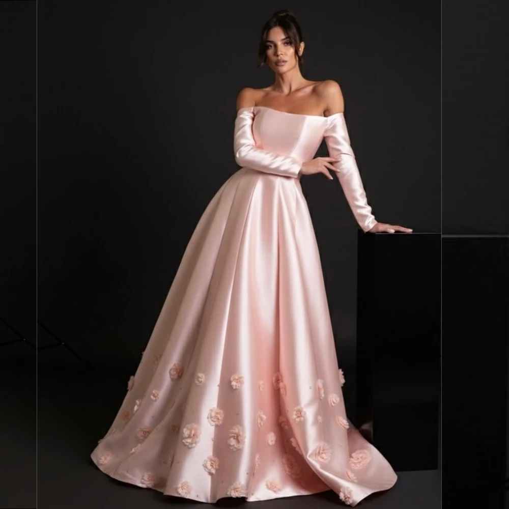 

Customized Formal Evening Flowers Charming Off-the-shoulder Pink A-line Long Dresses Bespoke Occasion Elegant Party Wedding