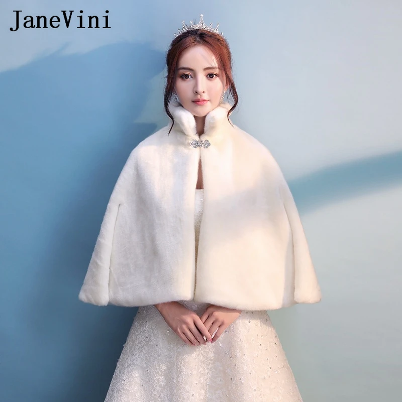 JaneVini Elegant Ivory Faux Fur Coat Bridal Shawl Wedding Cape for Bride Bolero Women Party Stoles Beaded Shrugs Jackets Cloak