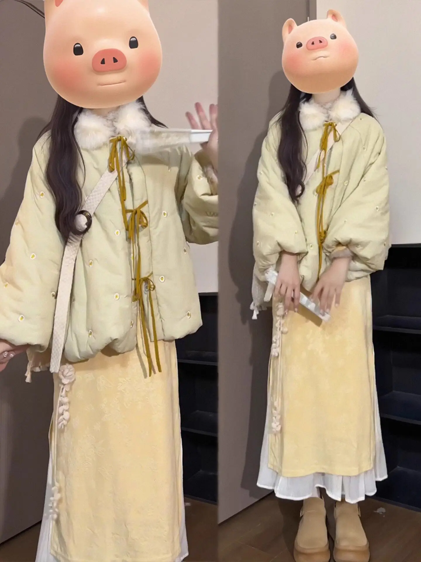 

Новый китайский хлопковый комплект: куртка и платье-ципао больших размеров для женщин, зимний теплый модный повседневный комплект с брюками с высокой талией