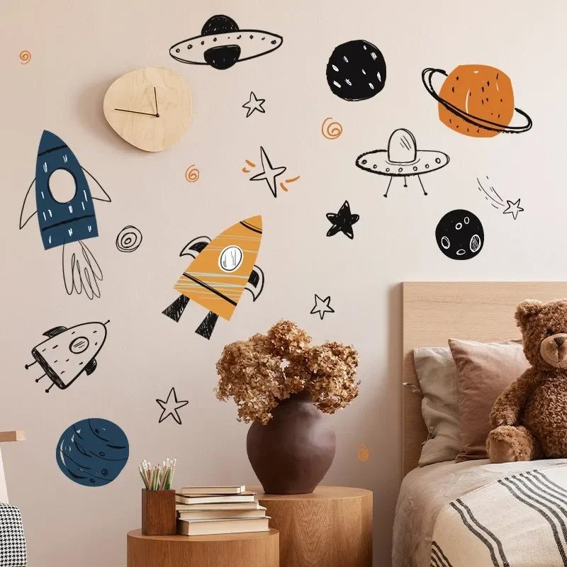 Hand Painted Watercolor Rocket Planet Wall Stickers Home Room Bedroom Decor Interior Stickers For Kids Rooms