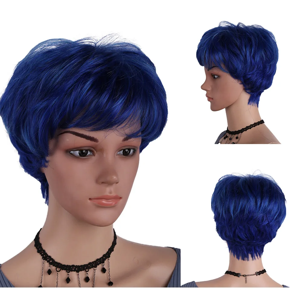 

Amir Synthetic Blue Color Short Straight Wigs With Bangs Natural Wave Bob Wigs for Women Ginger Lolita Cosplay Wig