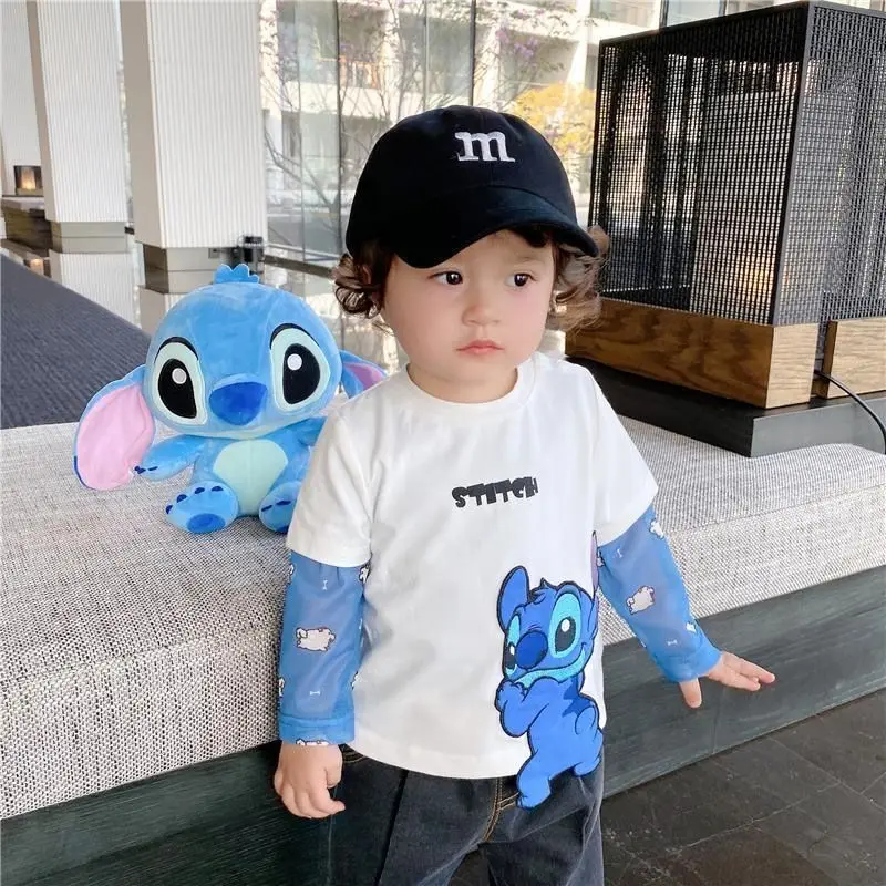 Disney Pure Cotton Children's T-Shirt 2024 New 3D Cartoon Stitch Embroidered T-Shirt Baby Middle and Small Children Top Gift
