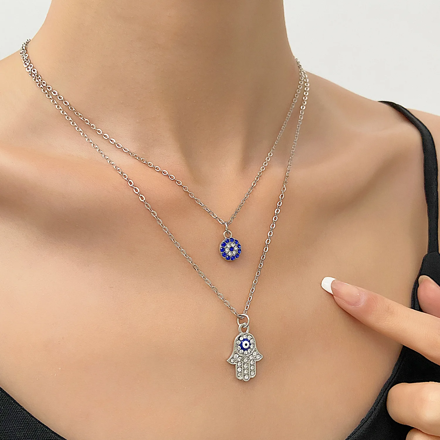 محظوظ الأزرق عيون متعددة الطبقات القلائد الكلاسيكية هاماس اليد الصليب قلادة كولير جولة التركية المسيح مجوهرات هدية للرجال النساء