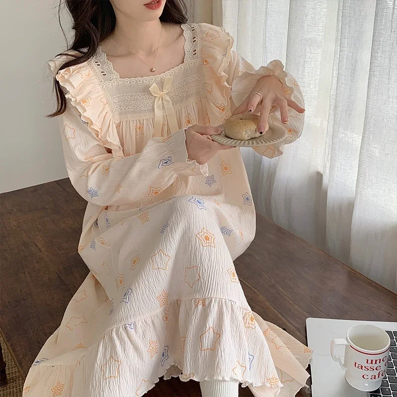 

2023 Autumn Sweet Lace Princess Long Sleeve Cotton Nightgowns for Women Korean Cute Sleepwear Night Dress Nightdress Home Nighty