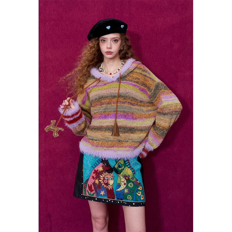 ELFSACK Women Hooded Pullover Sweater 2026 Autumn Winter Rainbow Ombre Faux Fur Hem Pony Drawstring Sweet Casual Top