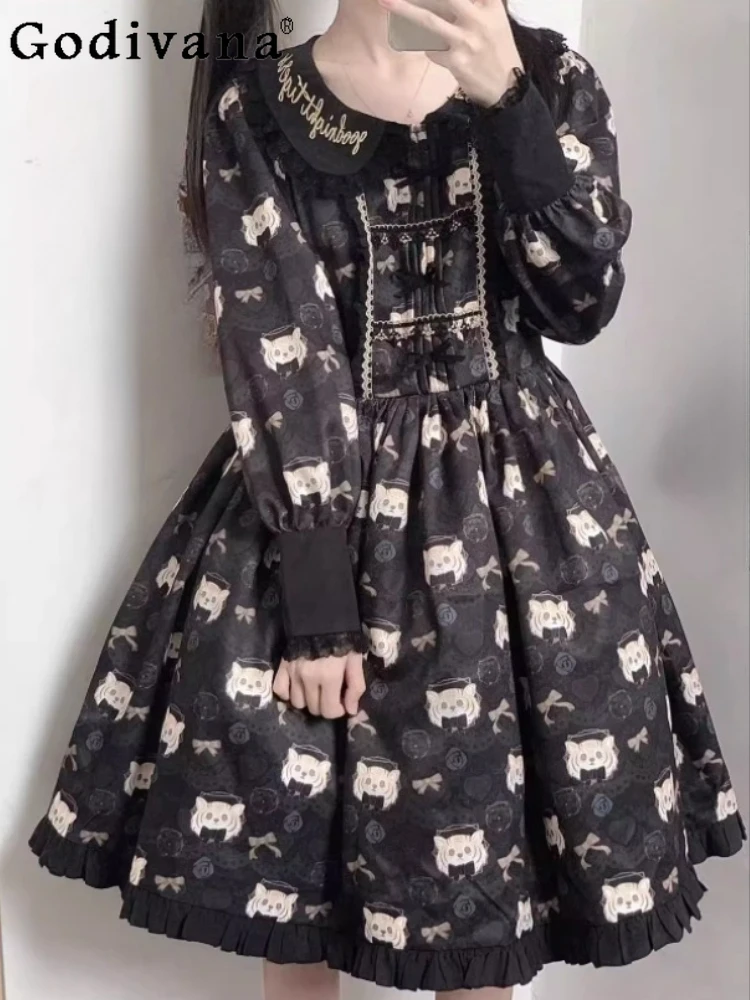 

Large Size Fashion Loose Sweet College Lolita Dresses Fashion High Waist A-line Age Reduction Peter Pan Collar Long Sleeve Dress