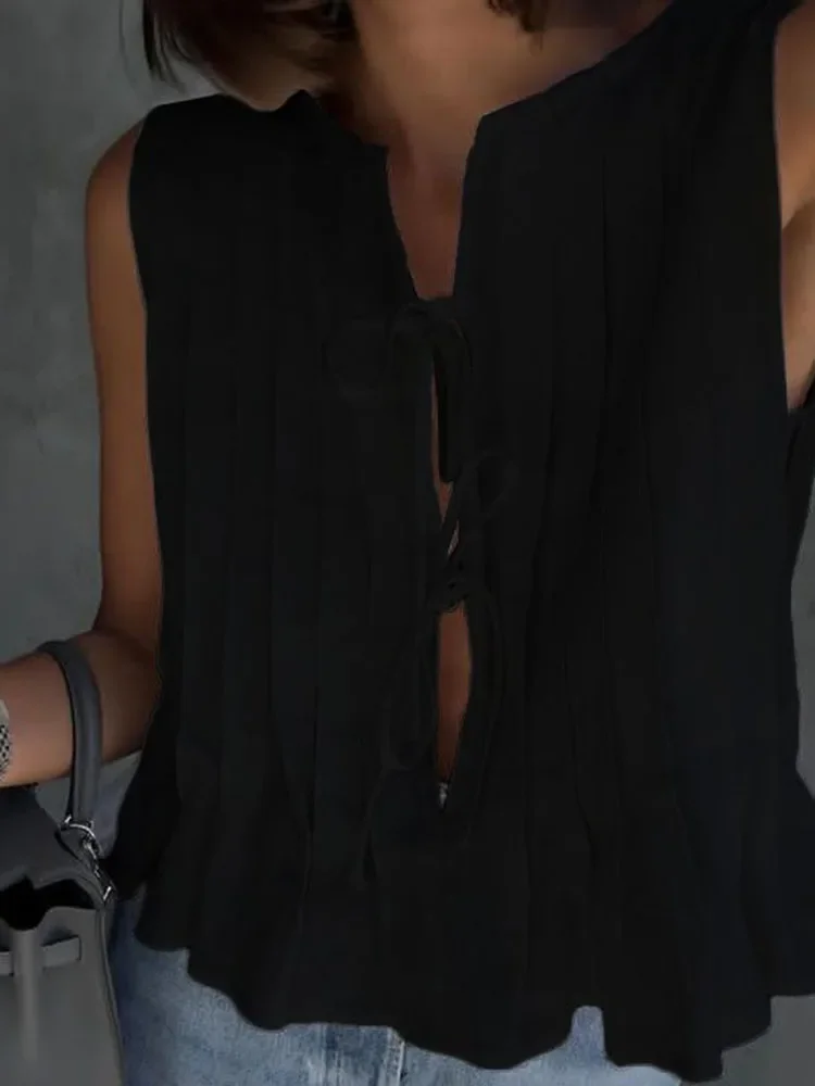 White Bandage Ribbed Tank Top Shirts For Women Hollow Out Sleeveless Slim Summer Fashion Vest Women's Lace-Up Vest Y2k Top