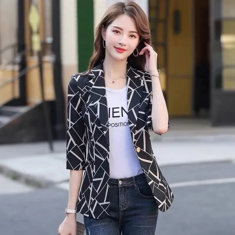 Blazer con estampado para mujer, chaqueta informal de oficina con un solo botón, abrigo ajustado para el trabajo, novedad de 2024