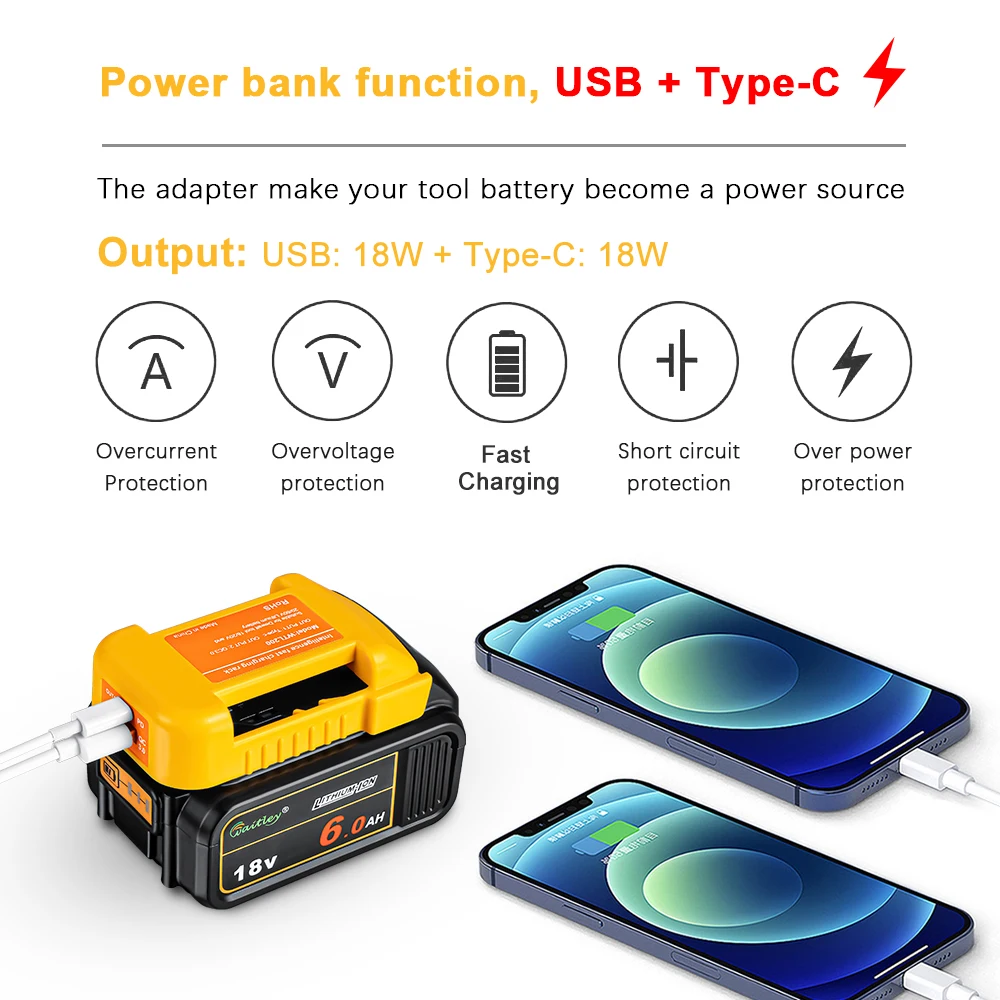 Adapter with output Compatible with Dewalt 18V 54V battery DCB200 batteries Convert to power bank fast charging Portable rack