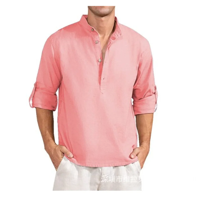 Men's Casual Stand Collar Loose Solid Cotton Linen Shirt Plus Size Roll-Up Sleeve Long Sleeve Shirts And Blouses