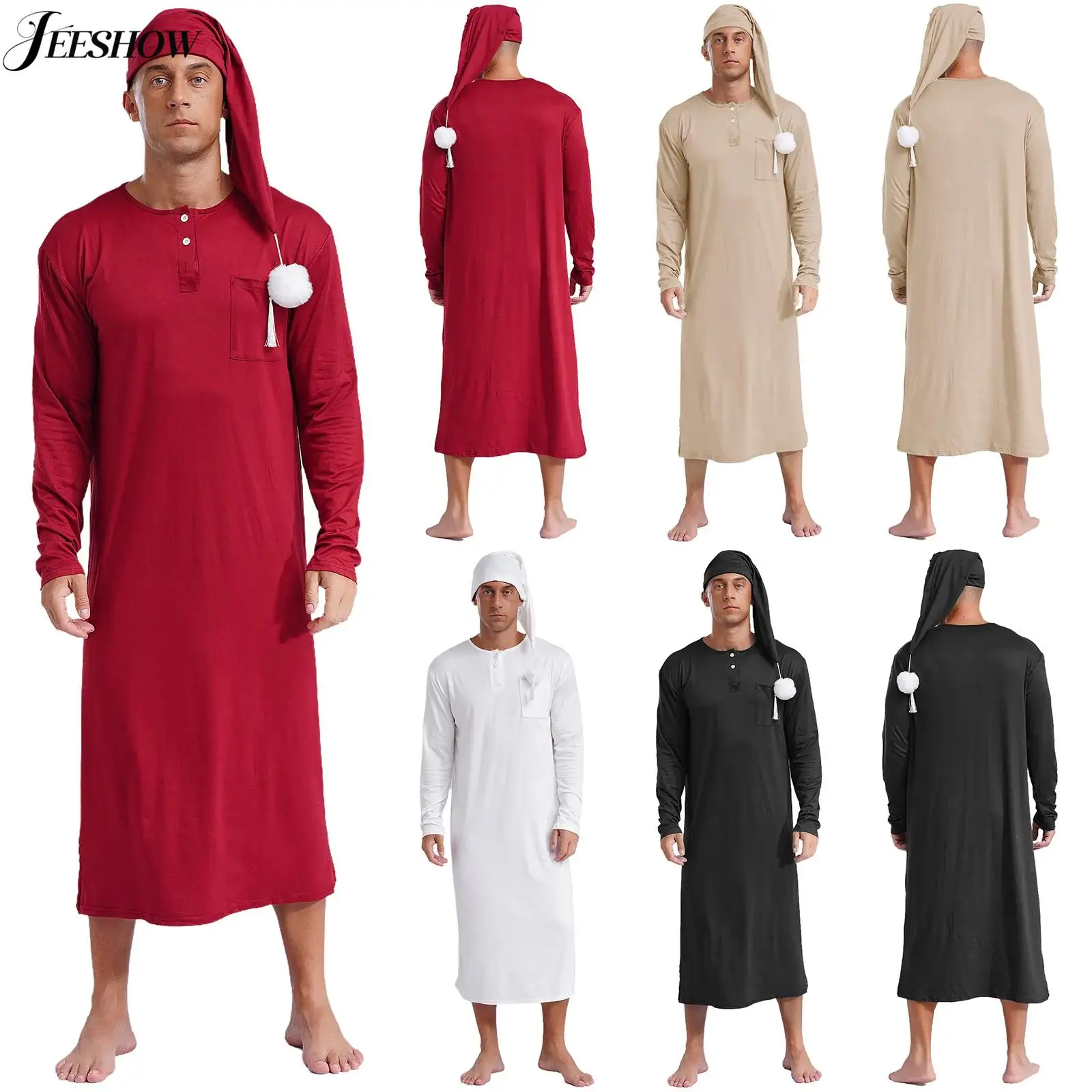 

Мужской однотонный халат для сна с длинными рукавами и ночной кепкой с круглым вырезом, большие и высокие ночные рубашки, домашняя одежда для дома, пижамы, одежда для сна