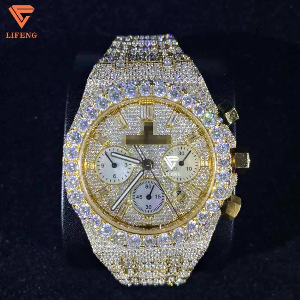 Lifeng Jewelry Iced Out Men Luxury Date Mechanical Bustdown Moissanite Wrist Watches Custom Men Hiphop Diamond Watch