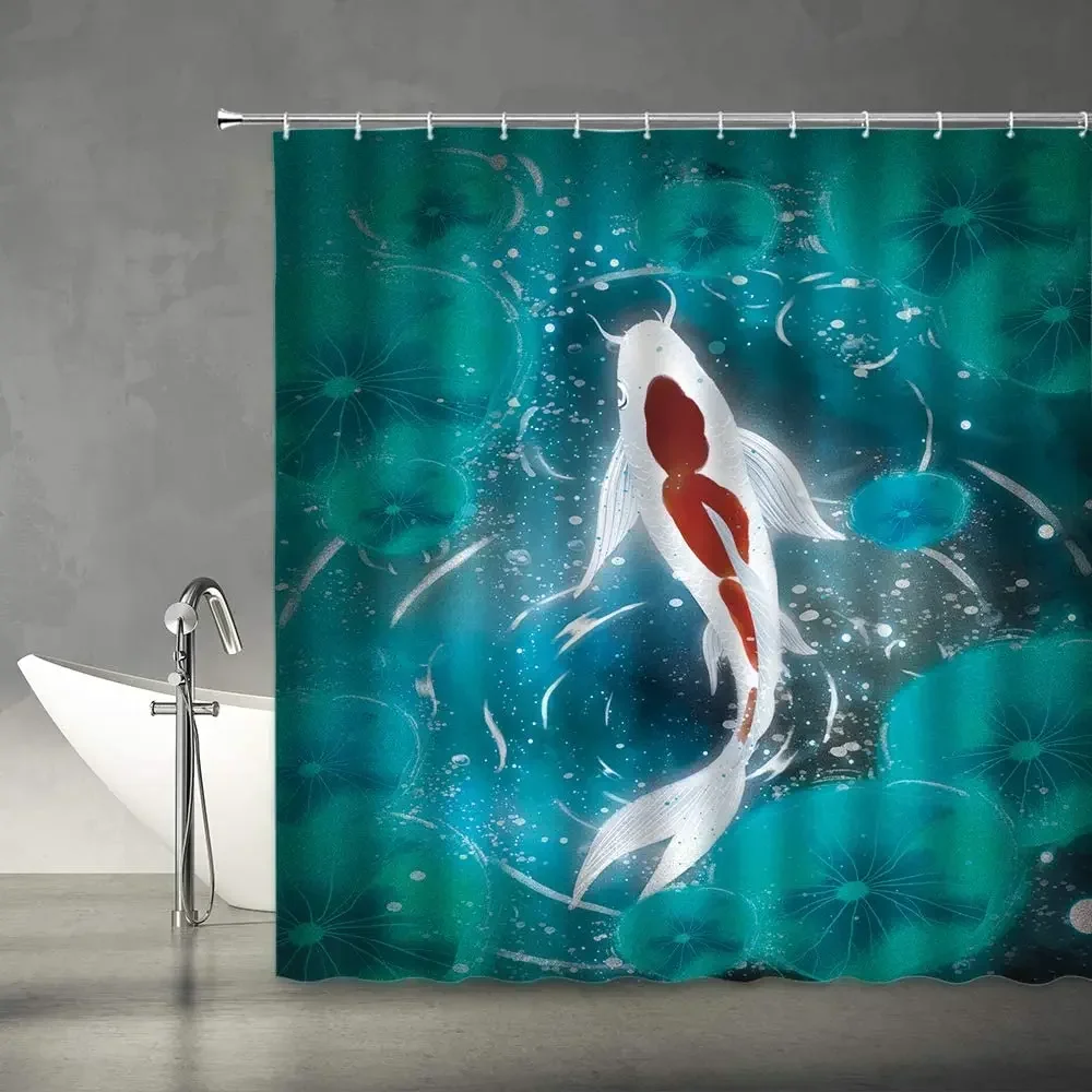 Koi Fish Shower Curtains Water Lily Pond White Red Koi Fish Carp Ripples Japanese Fantasy Fairy Art Fabric Bathroom Decor Hooks